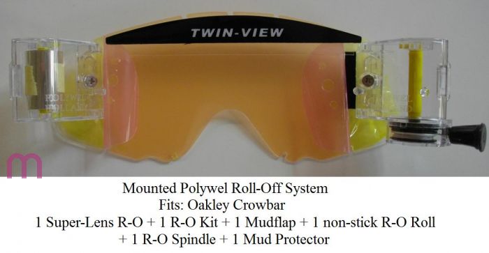ROLL-OFF SYSTEM MOUNTED 1 ROLL-OFF KIT + 1 NON-STICK FILM + 1 SUPER-GLAS + 1 R-O SPINDEL + 1 MUDFLAP + 1 MUD PROTECTOR, FOX MAIN ENCORE, OAKLEY CROWBAR
