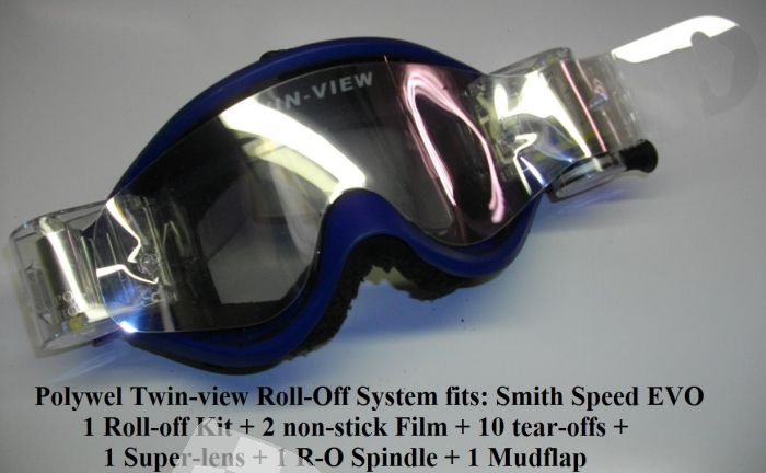 ROLL-OFF SYSTEM TWIN-VIEW 1 ROLL-OFF KIT + 2 NON-STICK FILMS + 10 TEAR-OFFS + 1 SUPER-GLASS + 1 R-O SPINDLE + 1 MUDFLAP, SMITH SPEED EVO