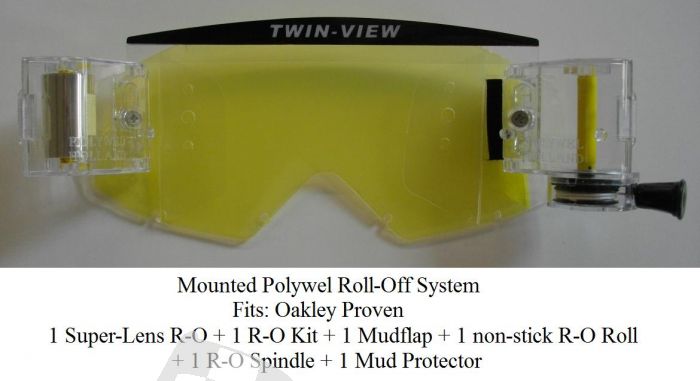 ROLL-OFF SYSTEM MOUNTED 1 ROLL-OFF KIT + 1 NON-STICK FILM + 1 SUPER-GLAS + 1 R-O SPINDEL + 1 MUDFLAP + 1 MUD PROTECTOR, FOX MAIN ENCORE, OAKLEY PROVEN
