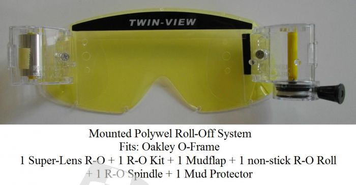 ROLL-OFF SYSTEM MOUNTED 1 ROLL-OFF KIT + 1 NON-STICK FILM + 1 SUPER-GLAS + 1 R-O SPINDEL + 1 MUDFLAP + 1 MUD PROTECTOR, FOX MAIN ENCORE, OAKLEY 2000 O-FRAME