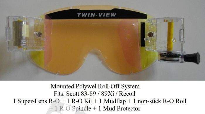 ROLL-OFF SYSTEM MOUNTED 1 ROLL-OFF KIT + 1 NON-STICK FILM + 1 SUPER-GLAS + 1 R-O SPINDEL + 1 MUDFLAP + 1 MUD PROTECTOR, SCOTT 83-89, 89XI, RECOIL